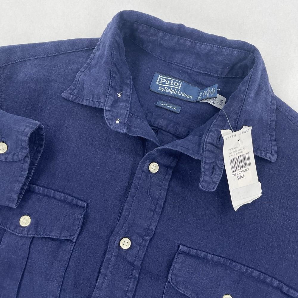 Polo Ralph Lauren Linen Popover Workshirt Mens S Navy Half Button Utility NWT